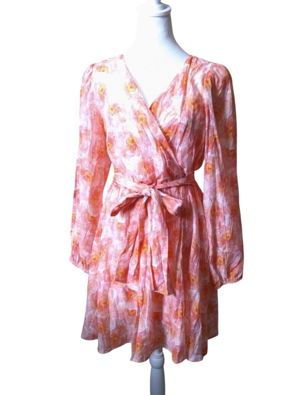 Mila Mae Size Large Coral Floral Puff Sleeve Belted Dress Boho Cottagecore
